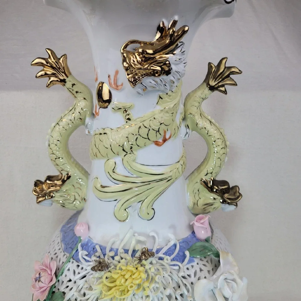 Vintage Large Porcelain Dragon Handle Reticulated Floral Vase Gold‎ Gilt 17 Inch